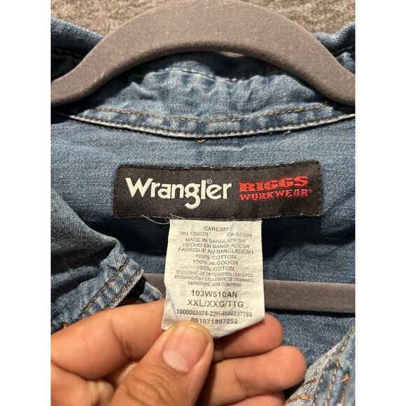 Wrangler Shirt Mens 2XL XXL Denim Riggs Button Up Western Blue Workwear - Picture 3 of 7
